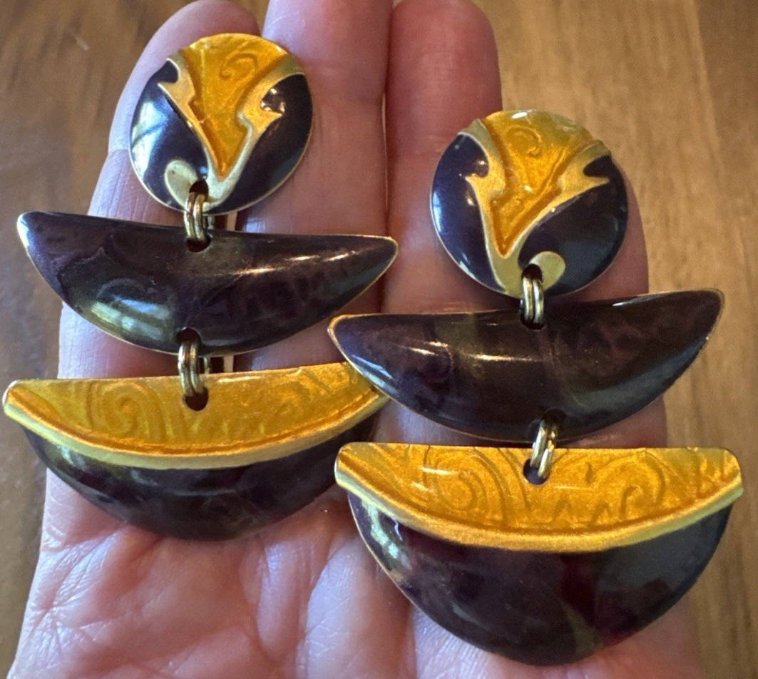 Edgar Berebi Enamel Dangle Earrings – Sculptural Modernist Gold Tone Vintage