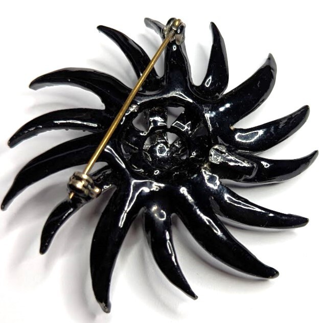 Vintage Mourning Brooch Black Rhinestone Japanned Pinwheel Signed Unreadable