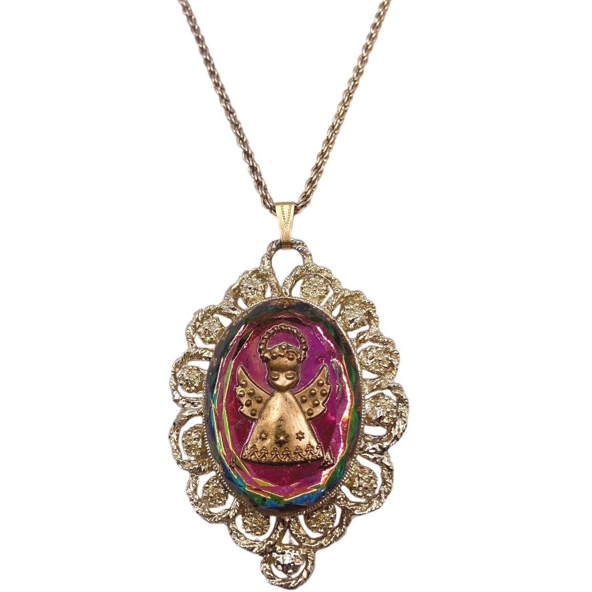 Vintage Glass Angel Intaglio Cameo Chrome Pendant 2″ and Necklace 22” long