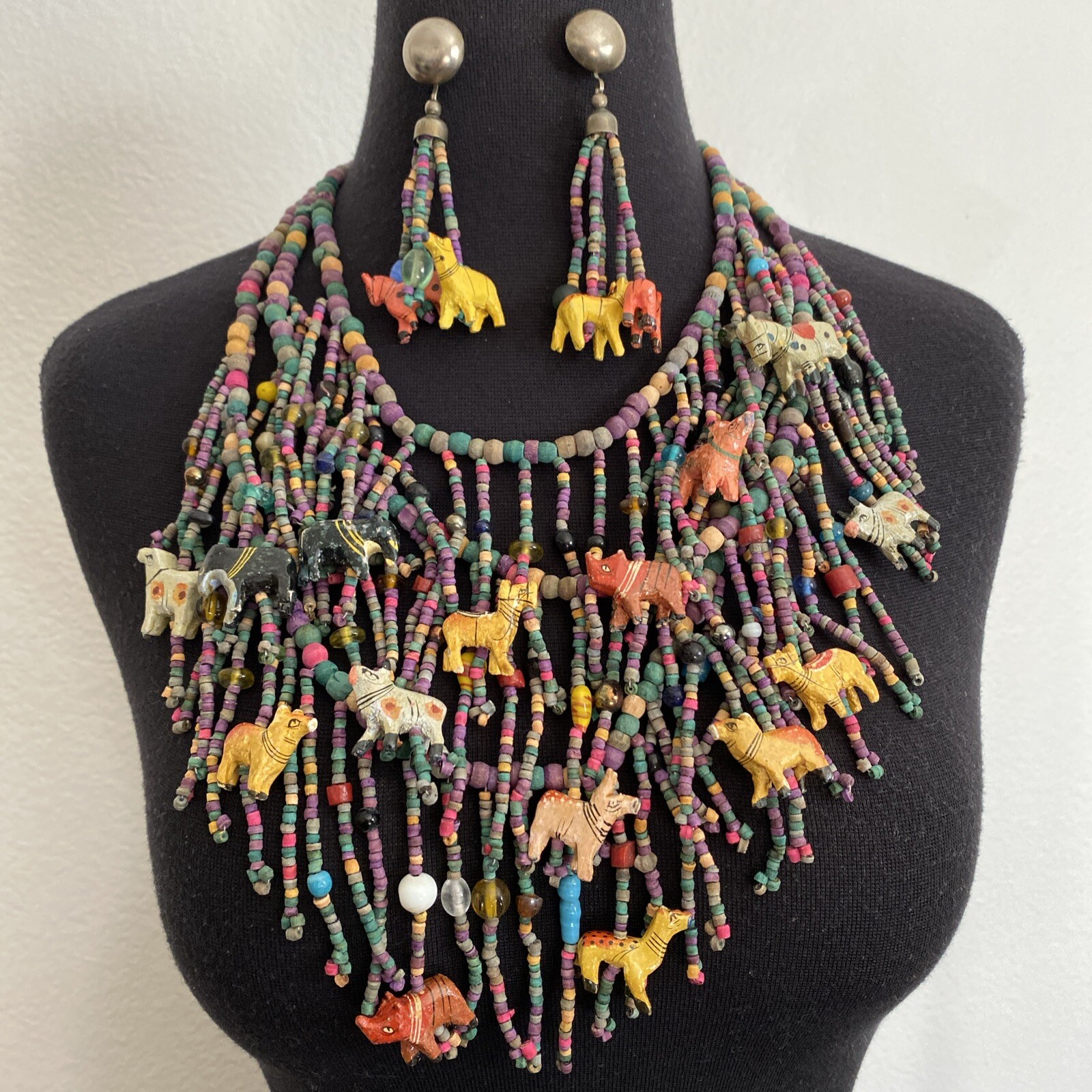Vintage African Multi-Strand Wooden Carved Animal & Beads Necklace Earrings Set