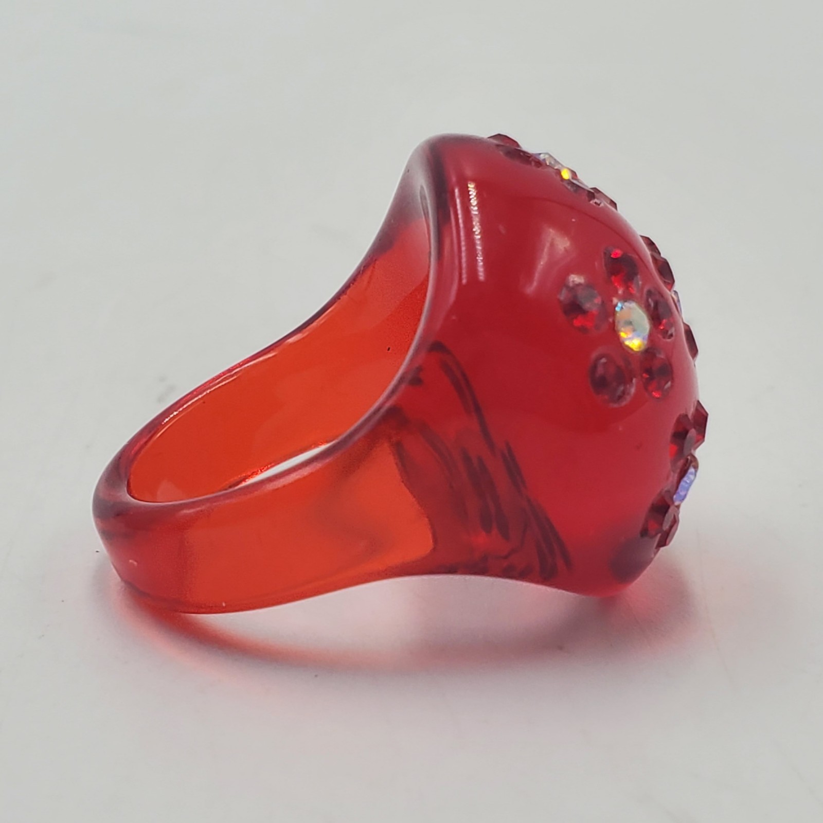 Vintage Lucite Rhinestone Flowers Ring 8 NEW Domed Red Boho Hippie Mod Retro