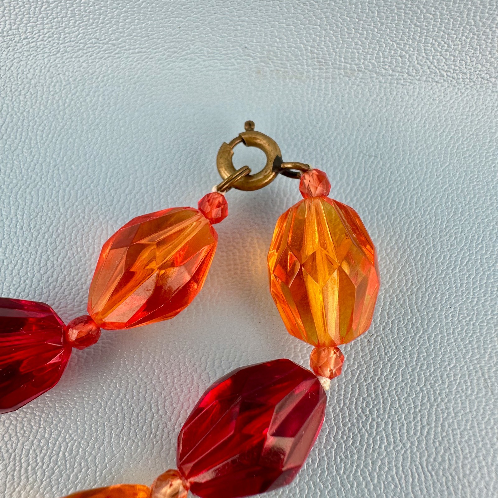 Vintage Lucite Bead Gypsy Necklace Faceted Red Orange Gold Tone Floral 46″ Boho
