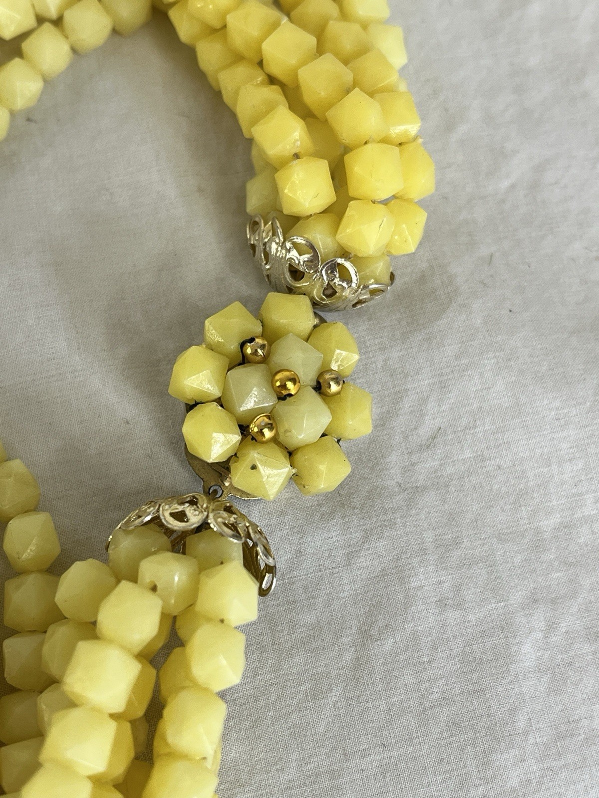 Hong Kong Yellow Beaded Necklace and Clip On Earrings Set Seven Strand Necklace