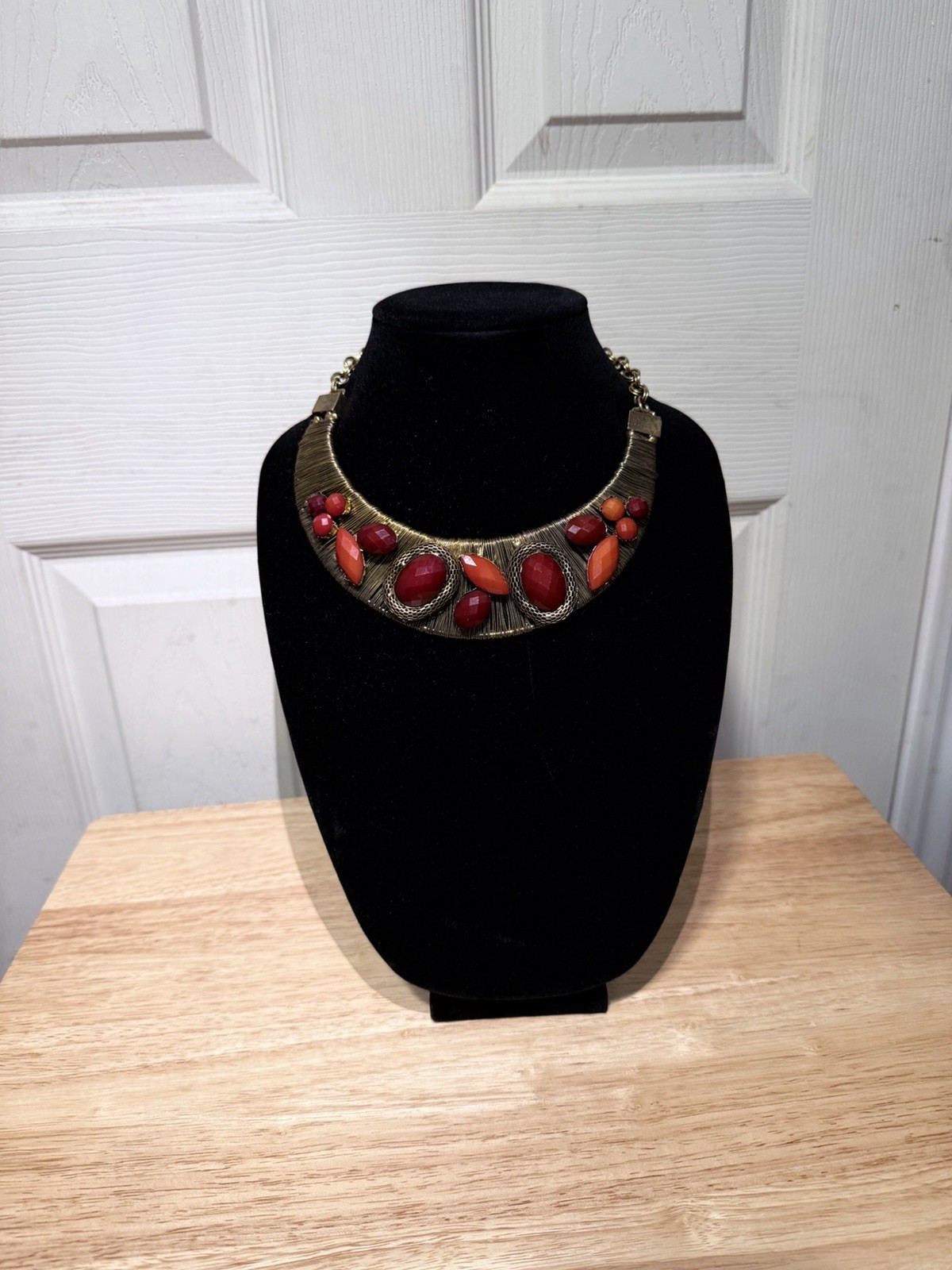 Vintage Red & Orange Statement Necklace Gold Tone Bib Collar