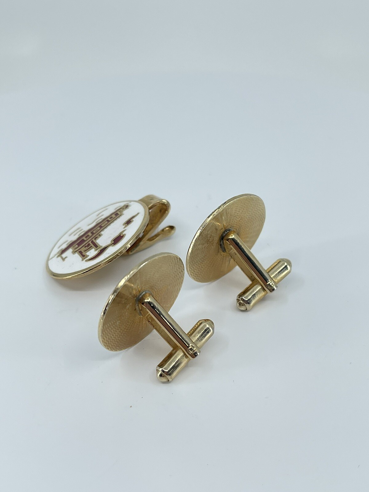 Mr Tara River boat cufflinks and tie clip set red gold white enamel 1″