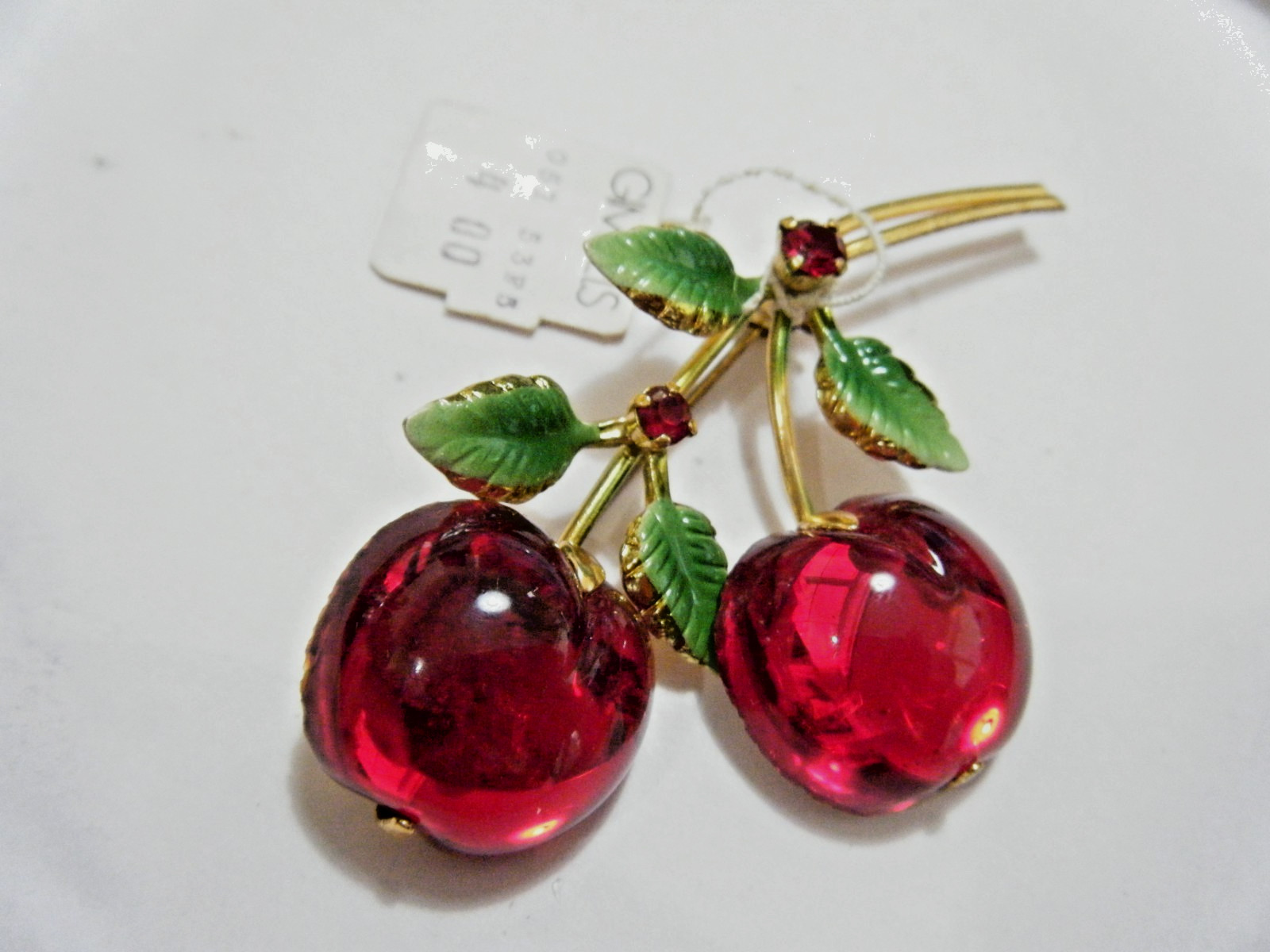 Vintage 50s Austria Double Bright Red Glossy Glass Cherry Brooch Pin Orig. Tag