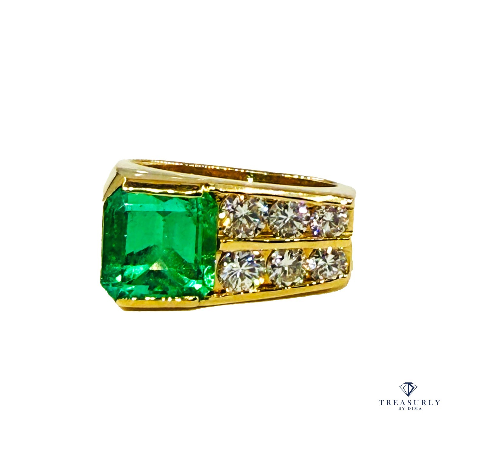 Vintage GIA 4.20ctw Natural Colombian Green Emerald Diamond 18K Yellow Gold Ring