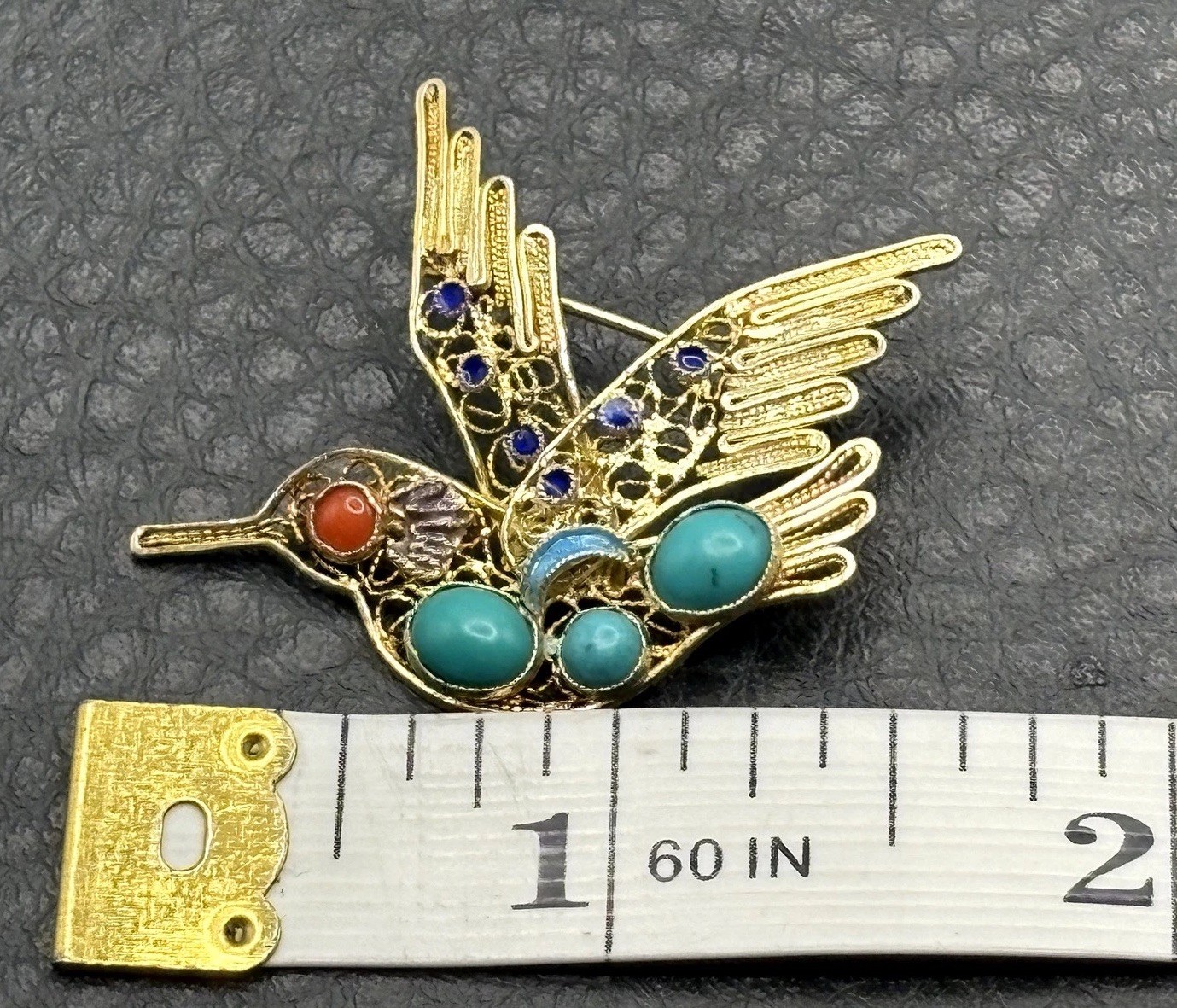 VTG Hummingbird Brooch Vermeil 925 Sterling Silver Turquoise Coral Blue Enamel