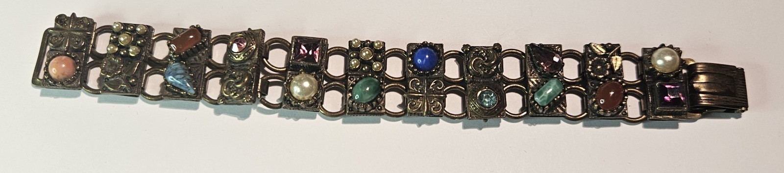 VINTAGE UN-SIGNED SELRO SELINI CHUNKY MULTI-STONE PANEL BRACELET