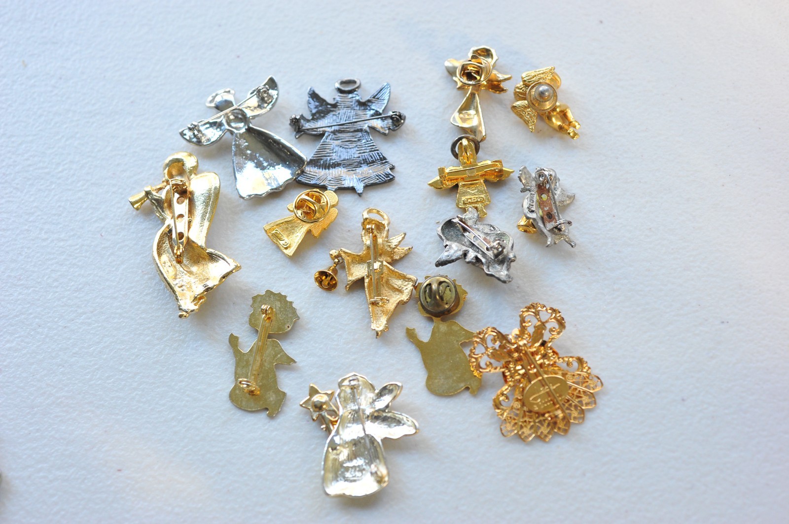 Large LOT ANGELS BROOCH pin gold silver rhinestone enamel 1 signed jane MN12