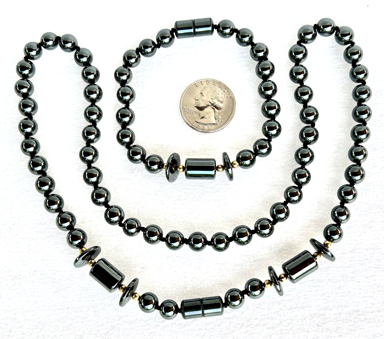 VINTAGE SET HEMATITE STONE BEADED 23″ NECKLACE & 8.25″ BRACELET – HAND KNOTTED