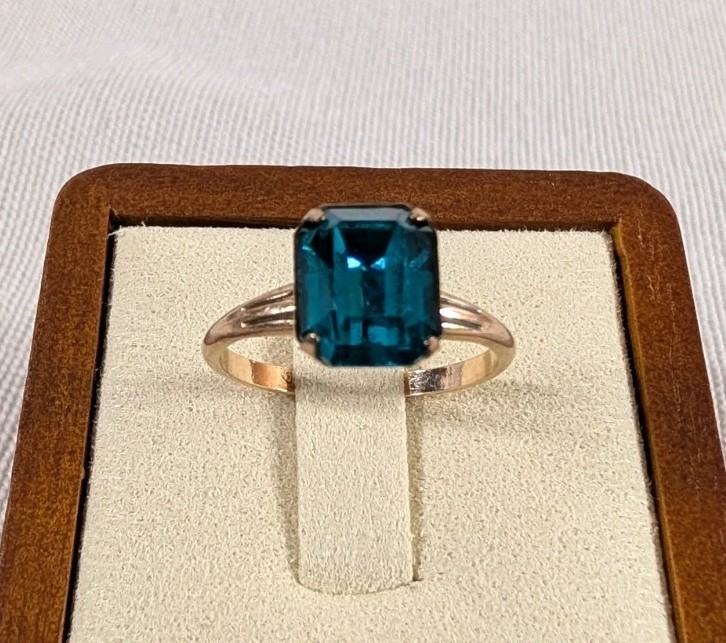 Vintage Teal Emerald Cut Statement Ring Sz 7.5 Art Deco Style Rolled Gold Plated