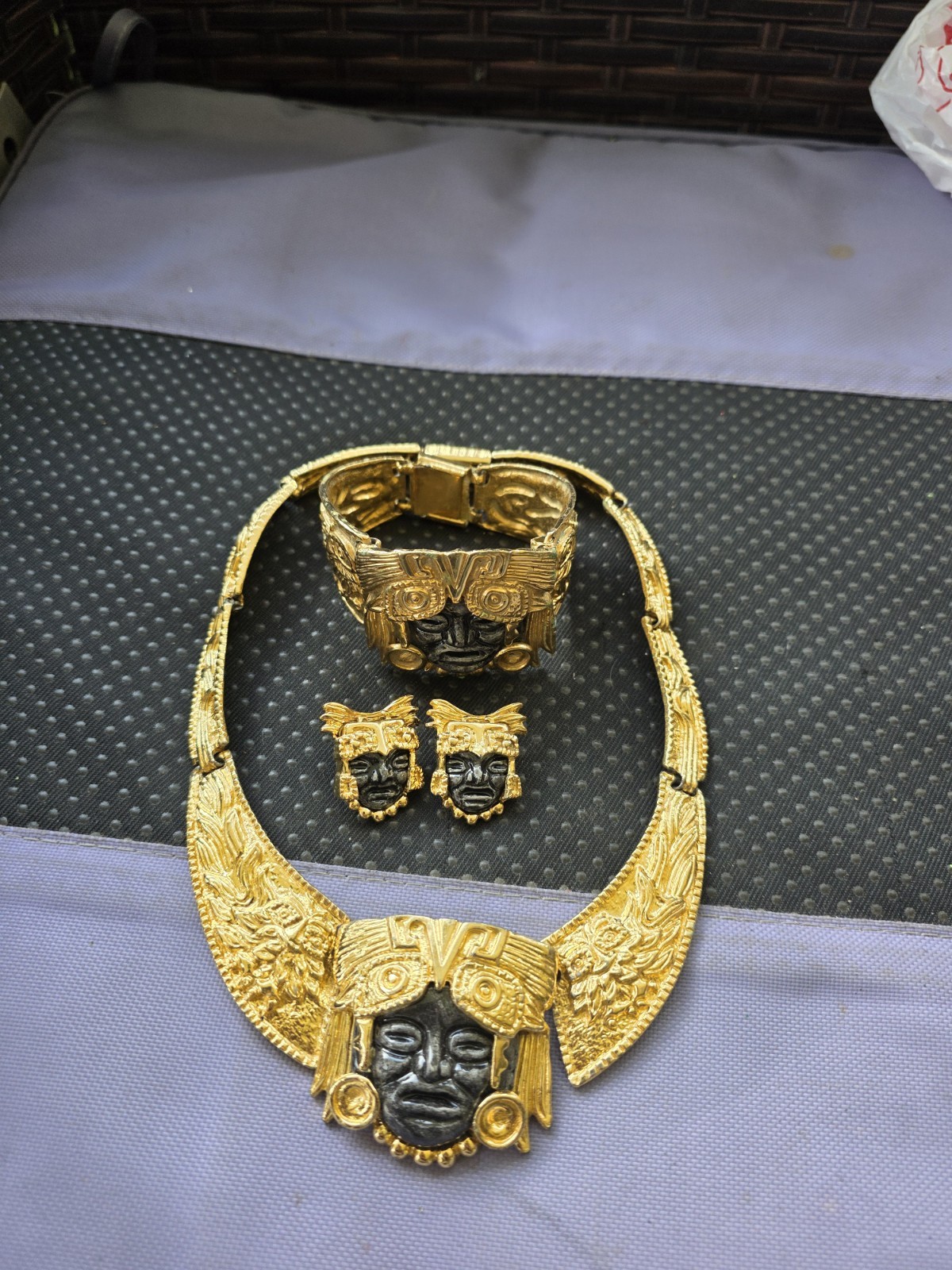 Salvador Teran for Marbel Mexico Necklace Set Aztec Maya 22k Plated Pre Owned #7