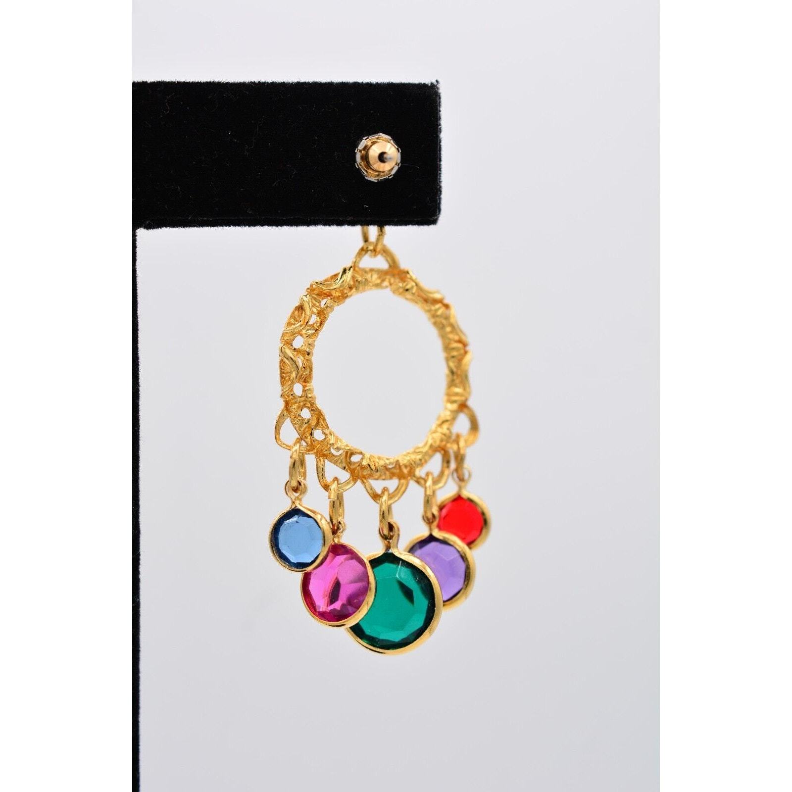 Vintage Crystal Dangle Earrings Lucite Open Bezel Multi-Color Gold NOS BinA16