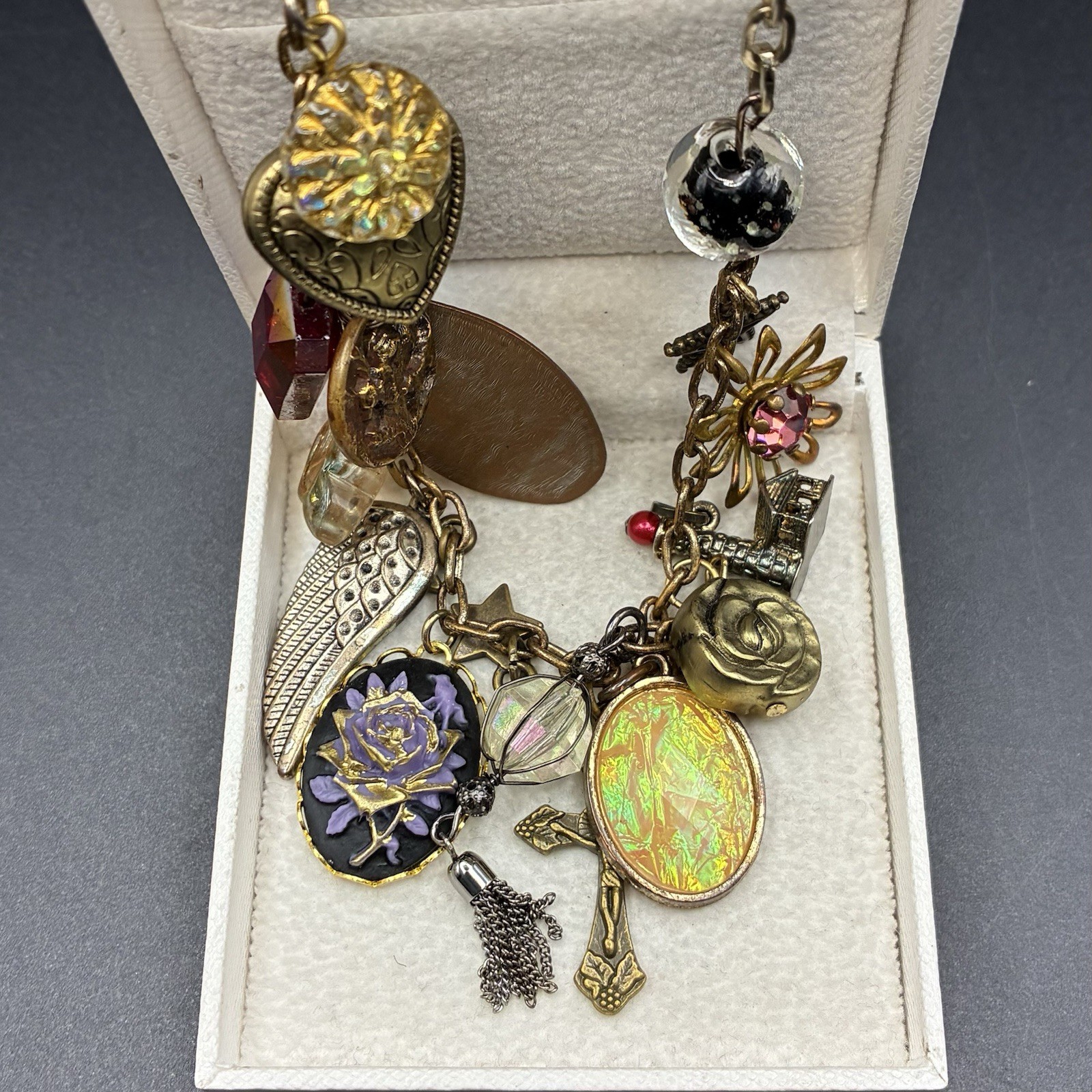 Vintage Brassy-Bronzy Chain Necklace of Mixed Metals: Heart, Bird, Deer, Angel +