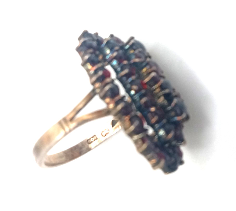 Antique Silver Bohemian Czech Garnet 3 Row Cluster Cocktail Ring Size 5