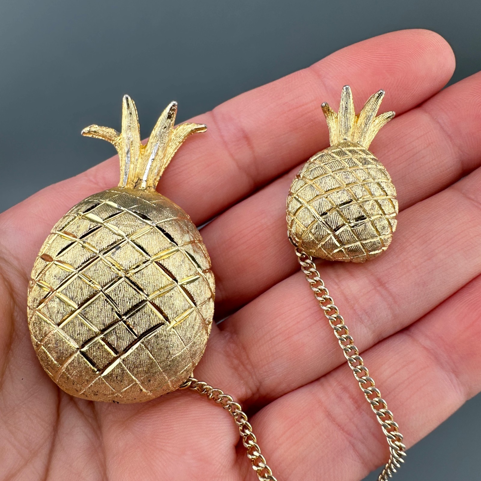 Vintage BSK Pineapple Brooch Double Pin Gold Tone Figural Connected 5″ Chain