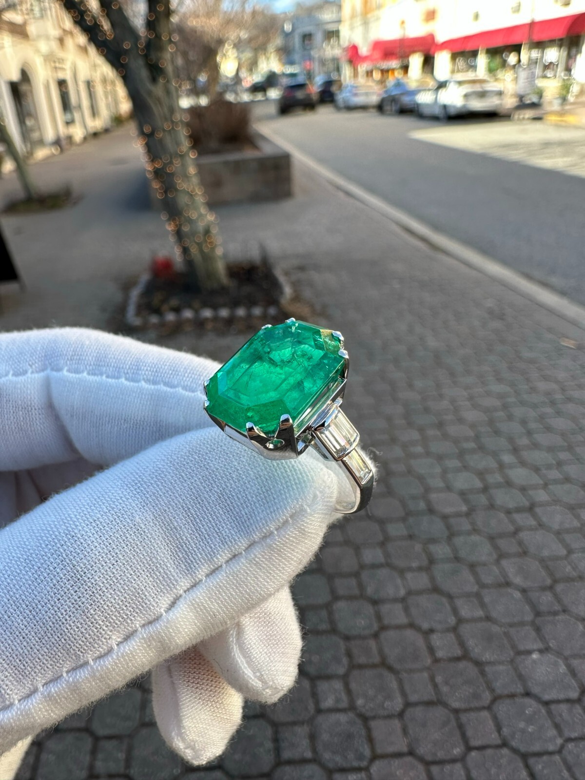 Vintage Platinum 12.16ct AGL Emerald Cut Colombian Emerald Diamond Cocktail Ring