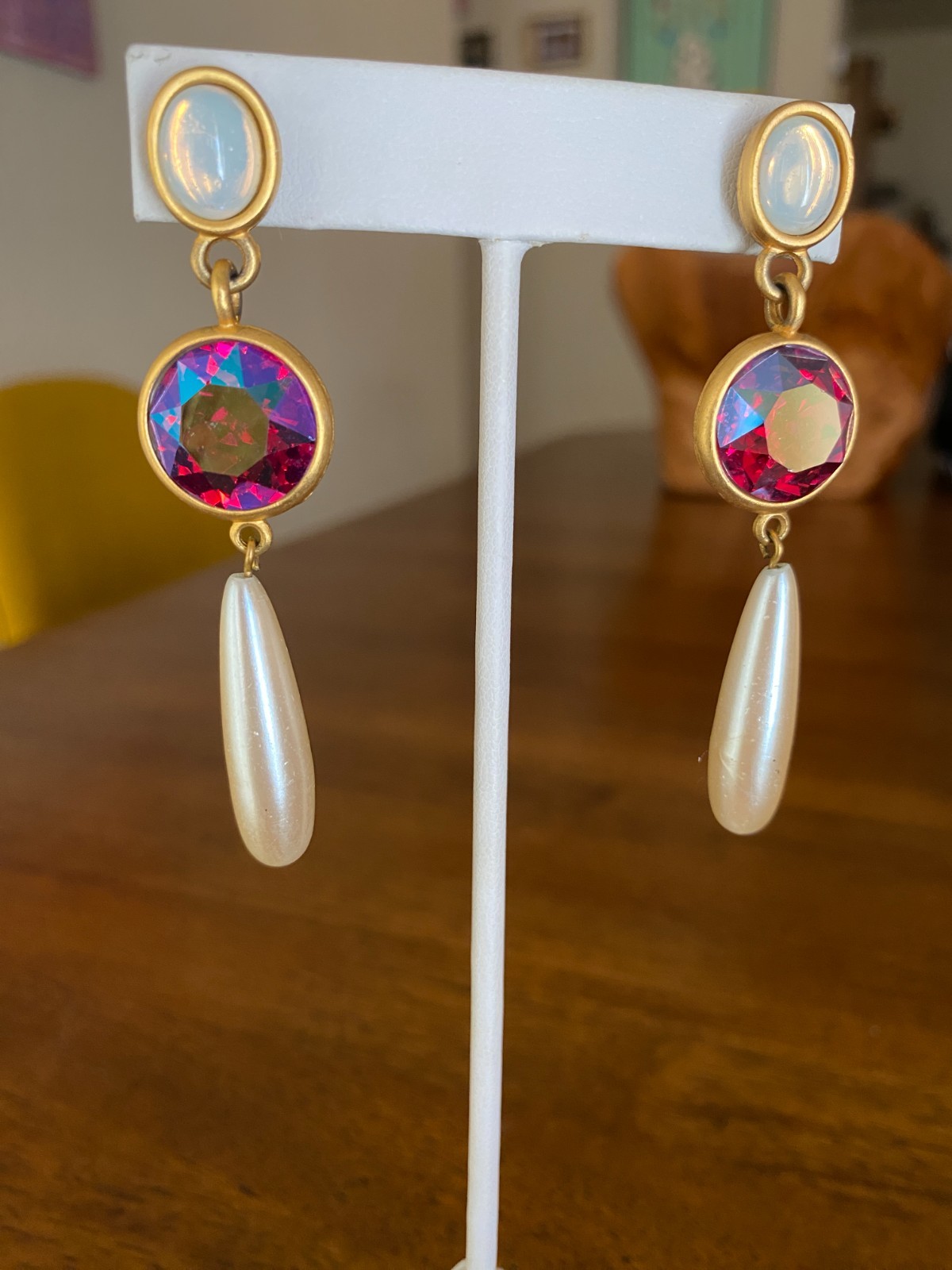 Vintage Mixed Media Dangle Earrings Opaline Glass Red AB Rhinestone Faux Pearl