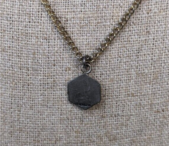 vintage gold tone chain necklace hexagon charm pendant floral silver tone 15″
