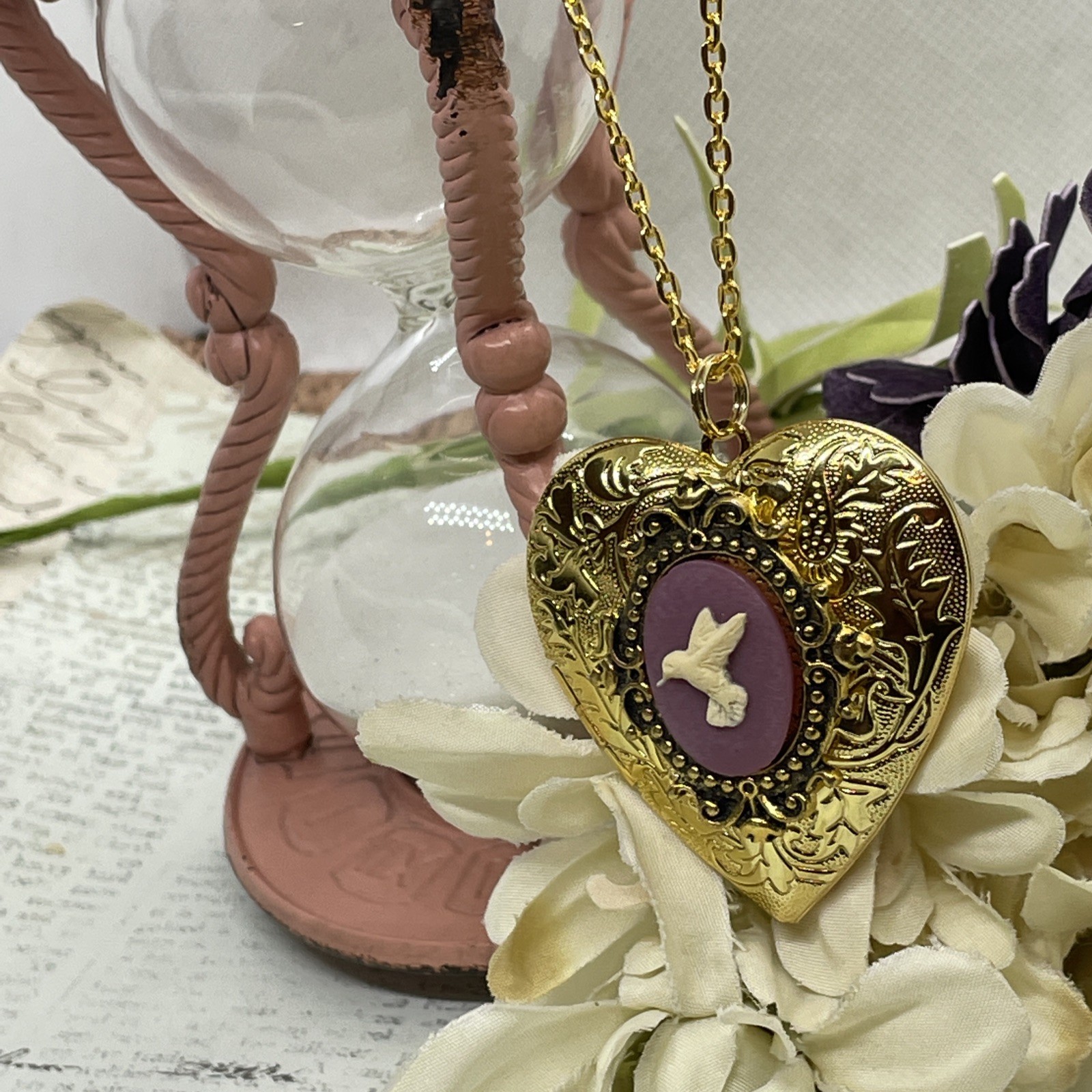 Gold Heart Locket Photo Birthday Anniversary Wedding Hummingbird Purple Necklace
