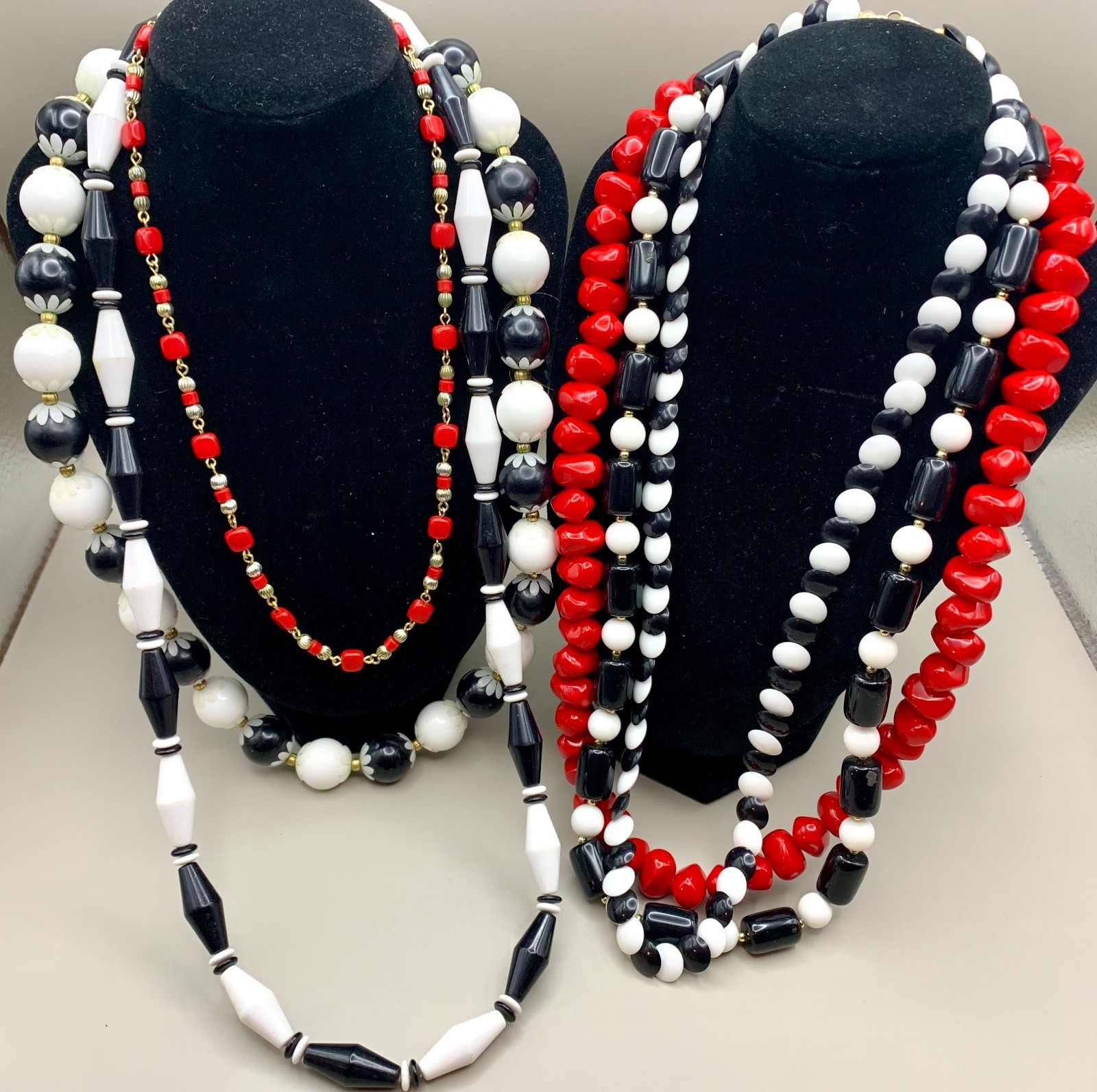 Vintage Lot Beaded Necklaces Black White Red Gold Tone Acrylic Retro