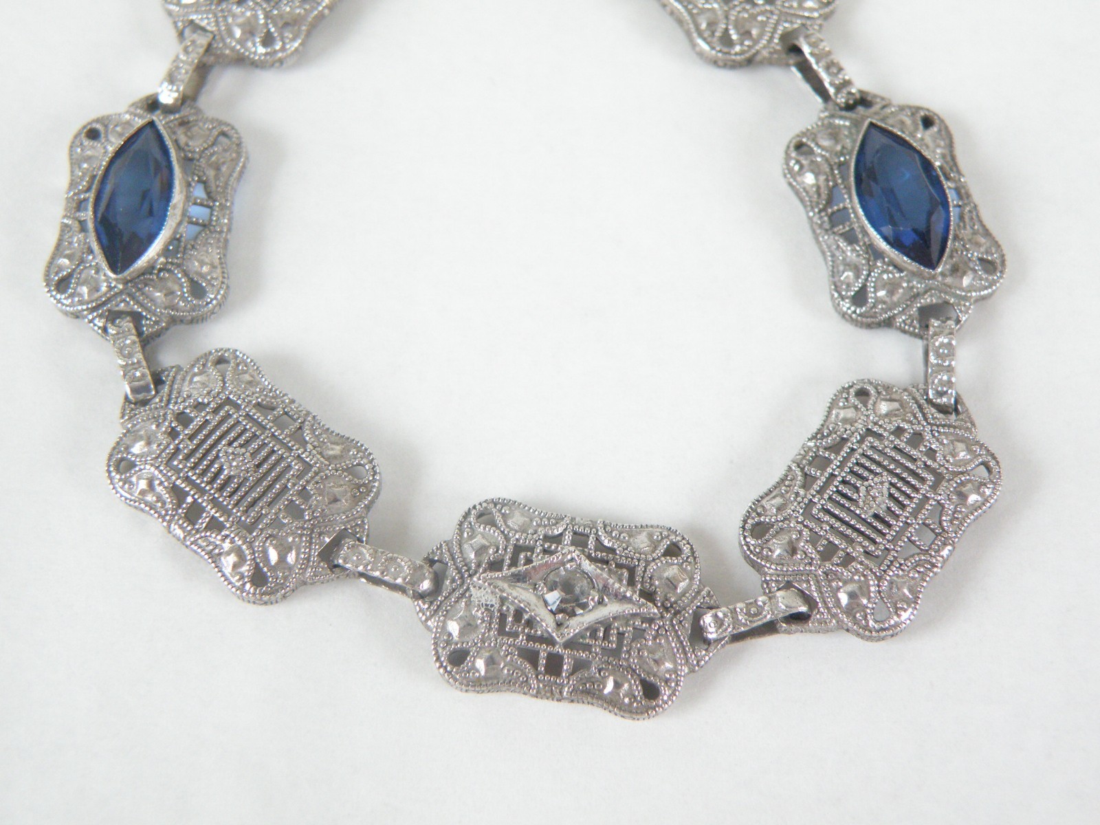 Art Deco Sterling Silver Sapphire Paste Filigree Station Antique Bracelet 7.5″