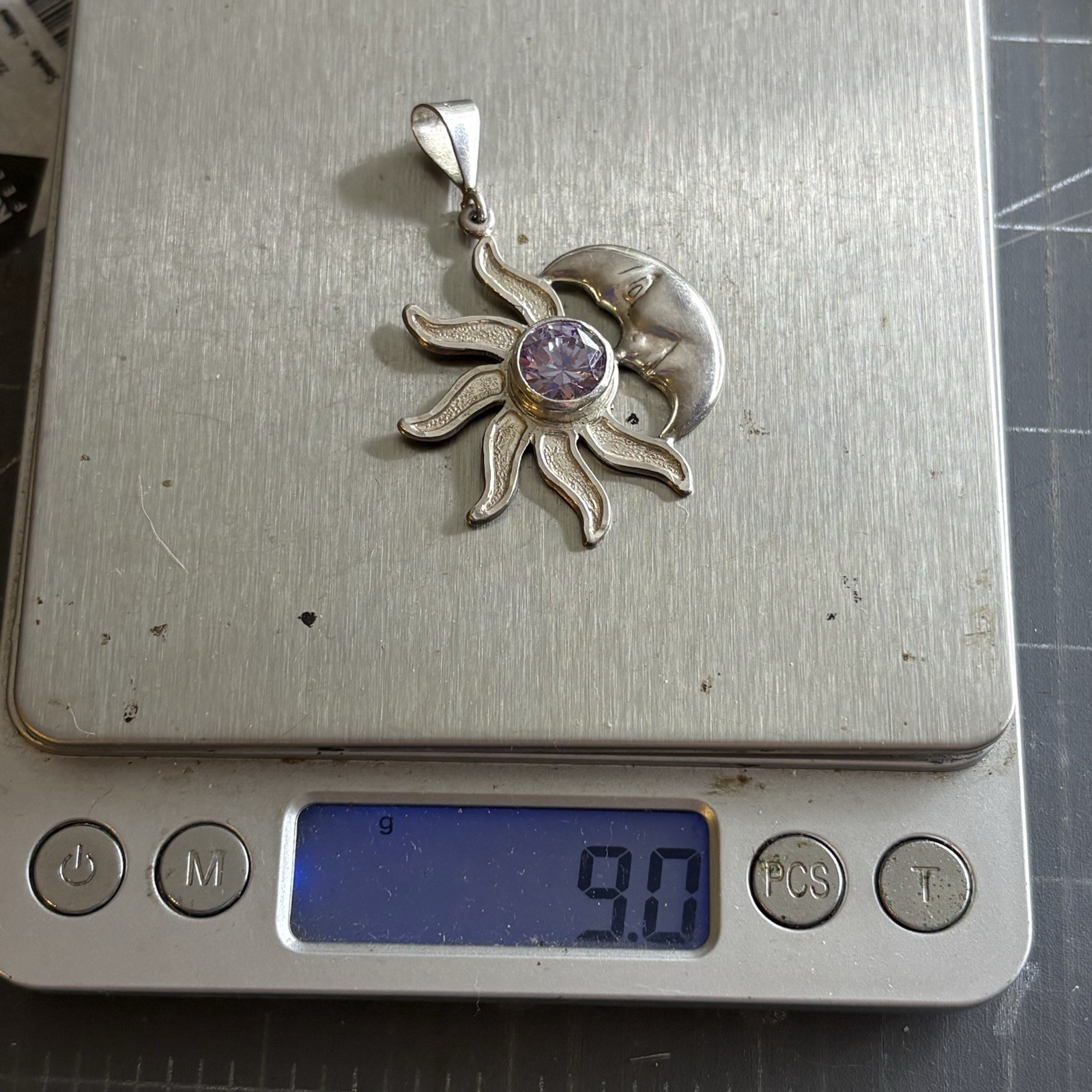 Vintage Mexico Sterling Silver Sun & Crescent Moon Eclipse Pendant Purple Stone