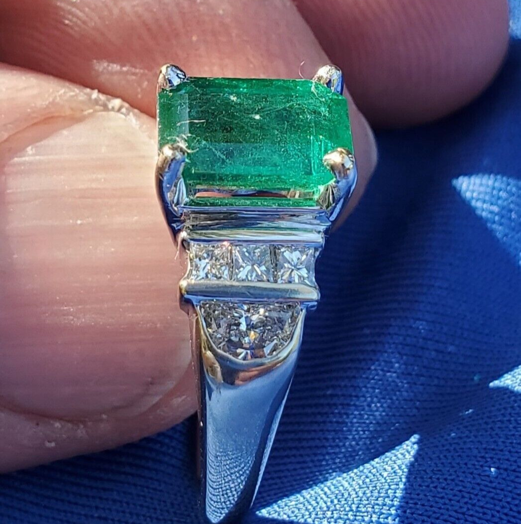 Original EARTH MINED EMERALD DIAMOND Deco Engagement Ring 14K GOLD Solitaire S 7