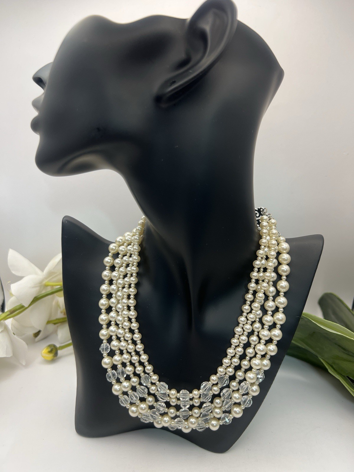 Multiple Strand Faux Pearl & Crystal Necklace Japan 16” Vintage