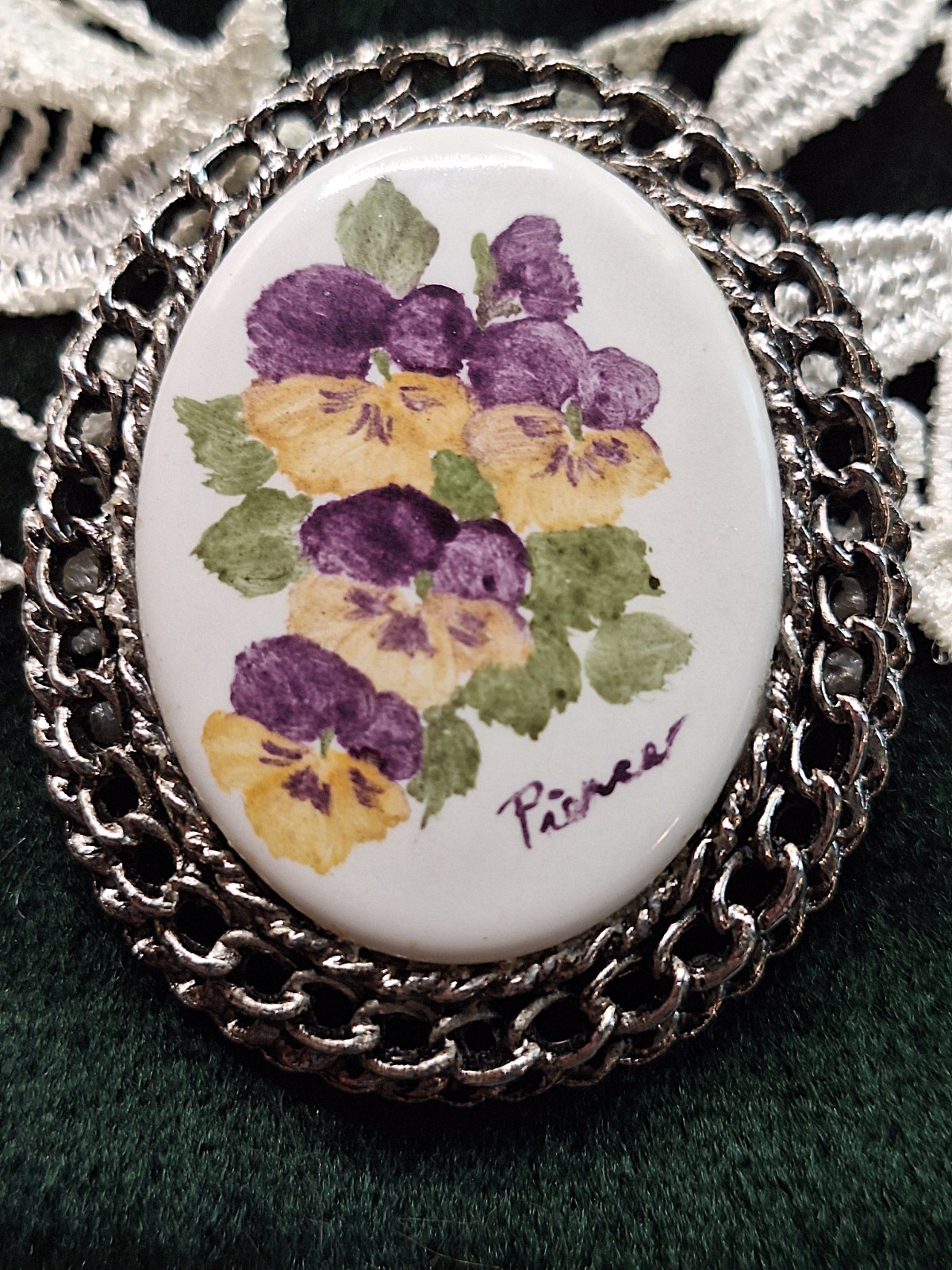 Vtg Hand Painted Signed Yellow & Purple Pansy Porcelain Silver-tone Brooch Pin