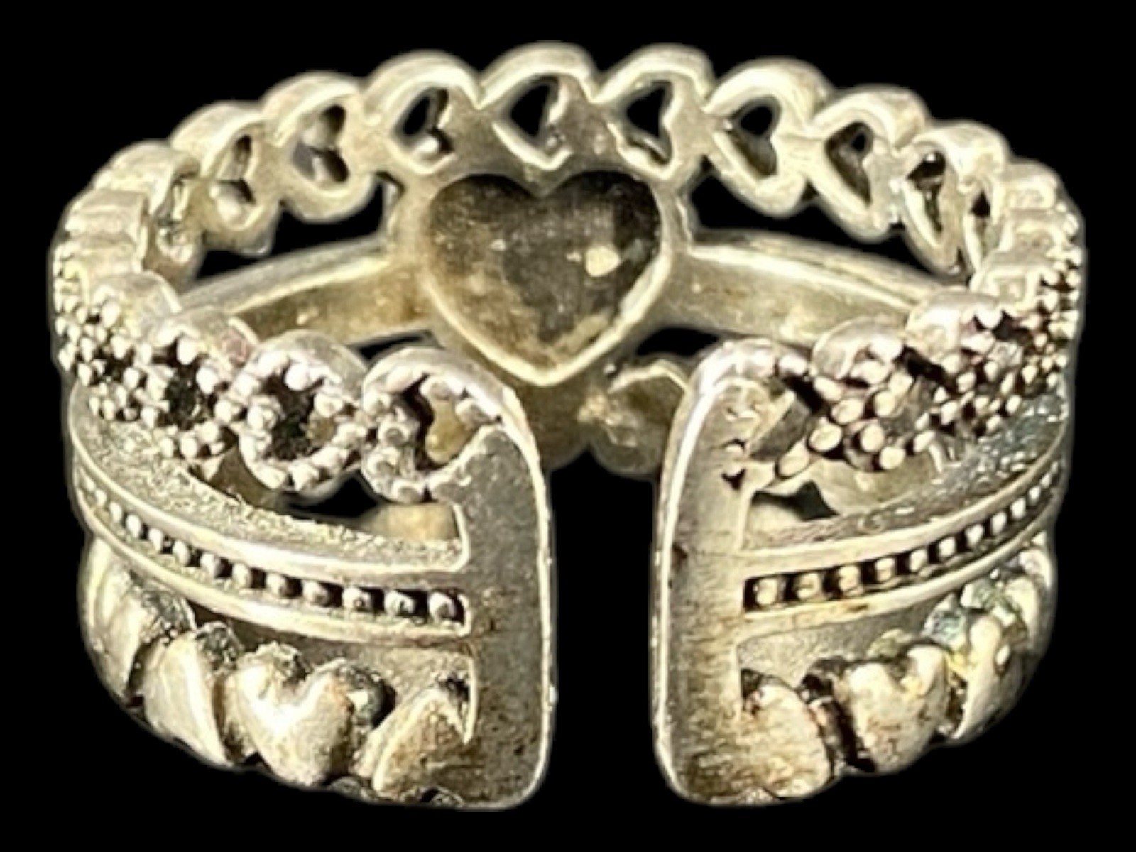 Vintage Hollow Out 925 Sterling Silver Black Stone Heart Ring Adjustable Size