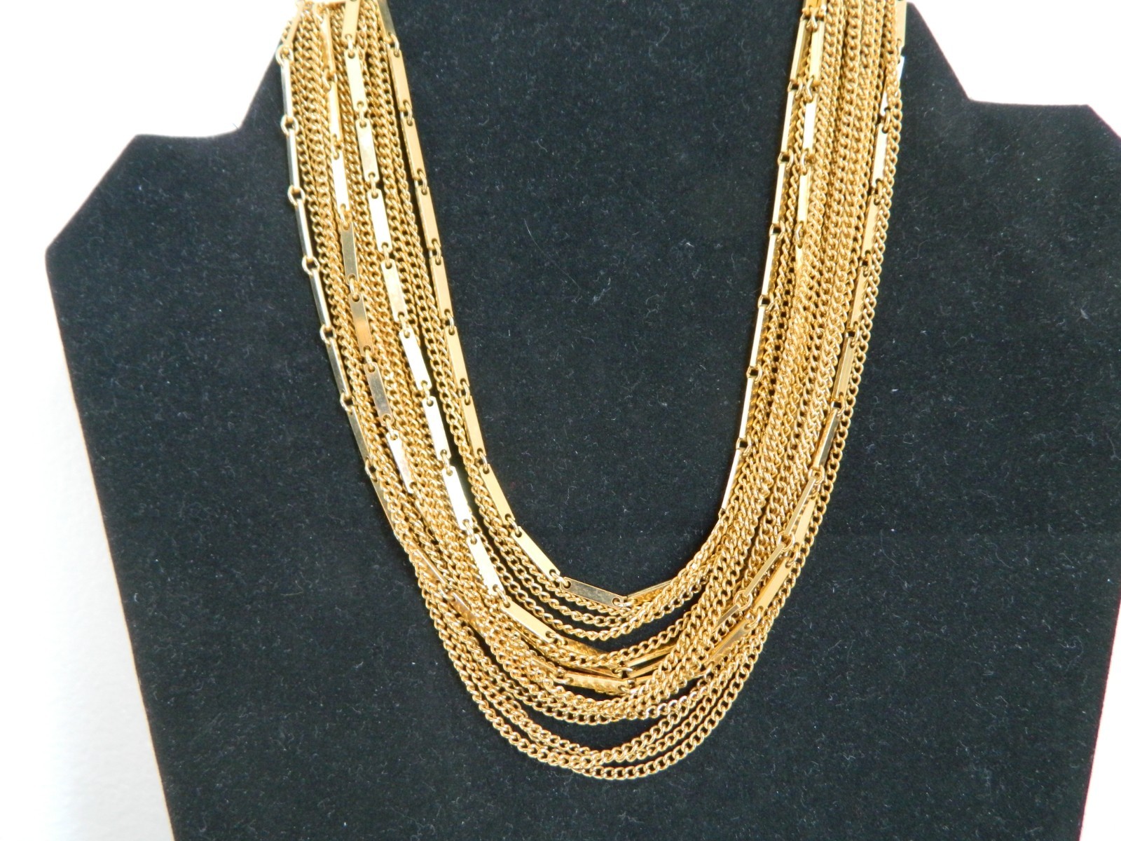 Vintage Mid Century Multi Strand Layered Fancy Link Choker Necklace Gold Tone