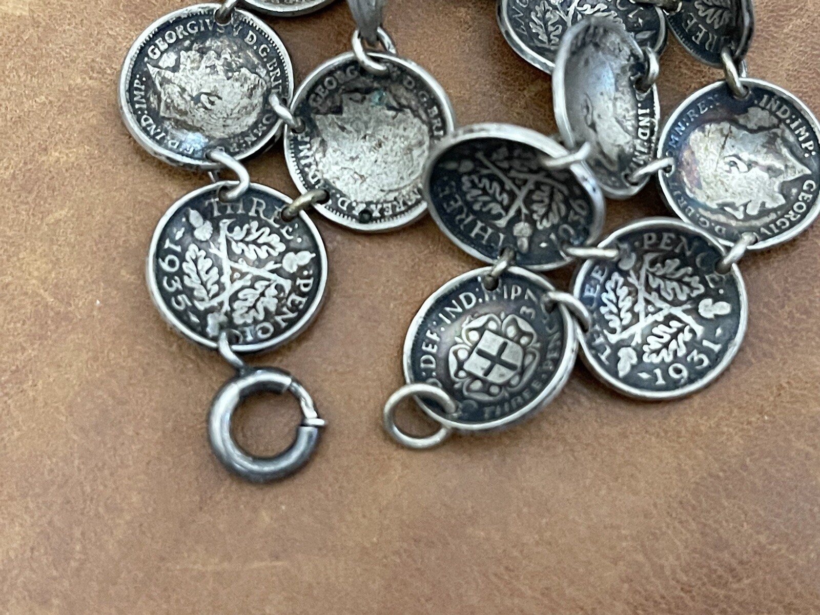 Old Great Britain Three pence .925 Sterling Coins Cupped Link Bracelet 6.25” In