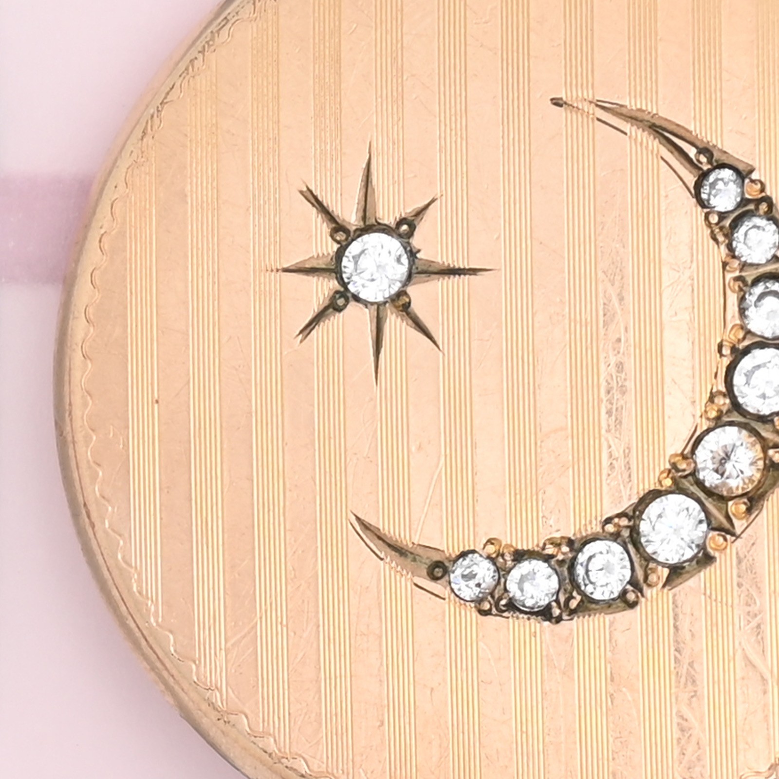 Antique Victorian Crescent Moon Star Gold Filled Paste Stripe Pendant Locket
