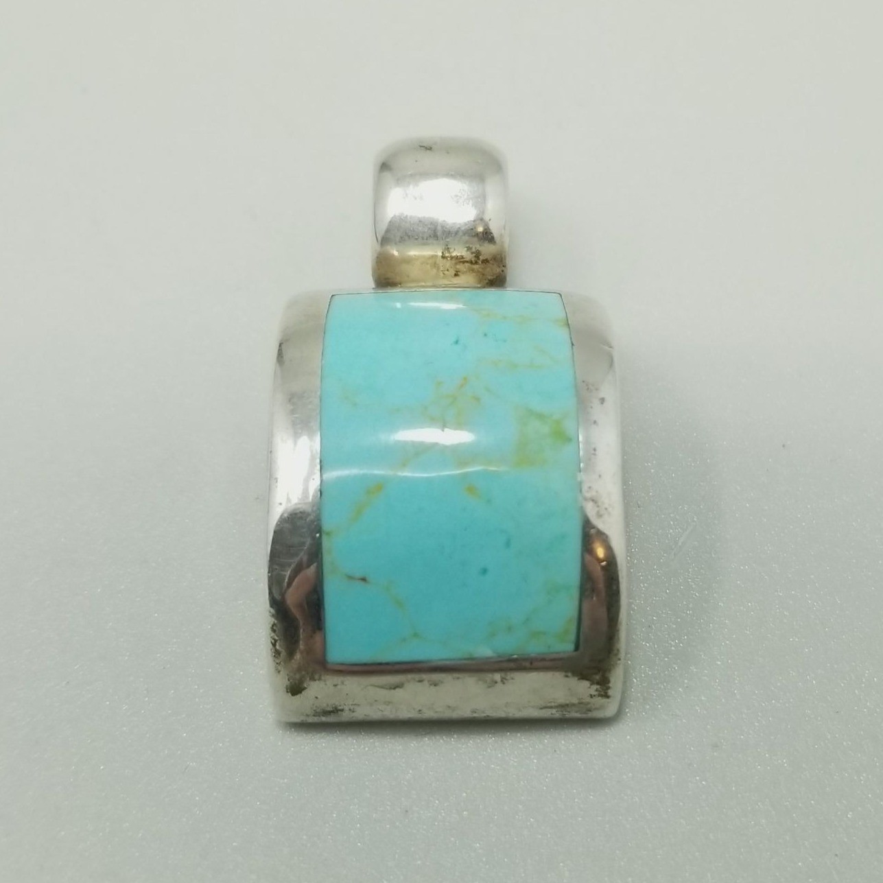 Vintage Sterling Silver Blue Stone Pendant Curved Rectangle Mexico 1 1/2 Inch