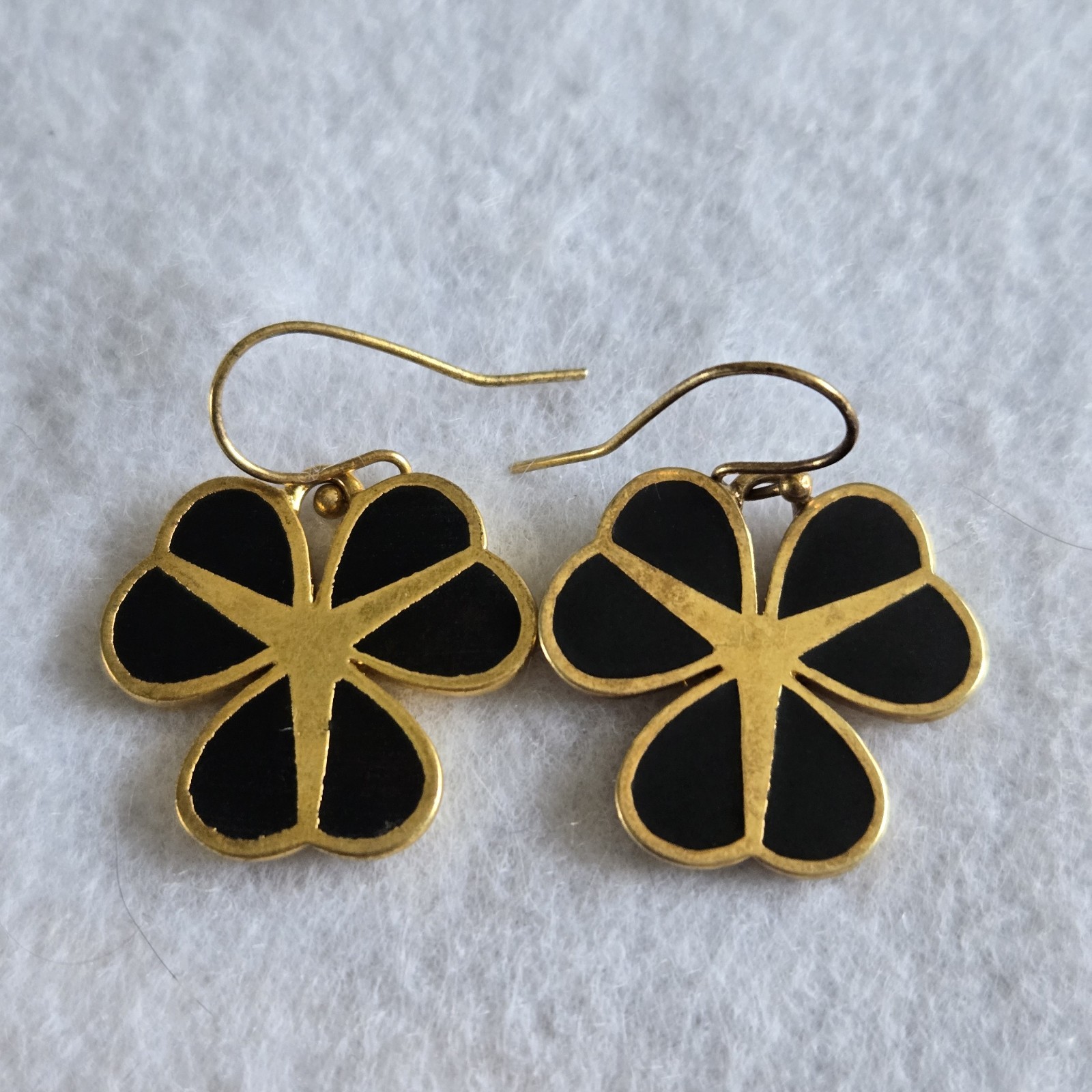 Signed Pilgrim Gold Plate and Black Enamel Clover Shape Dangle Earrings