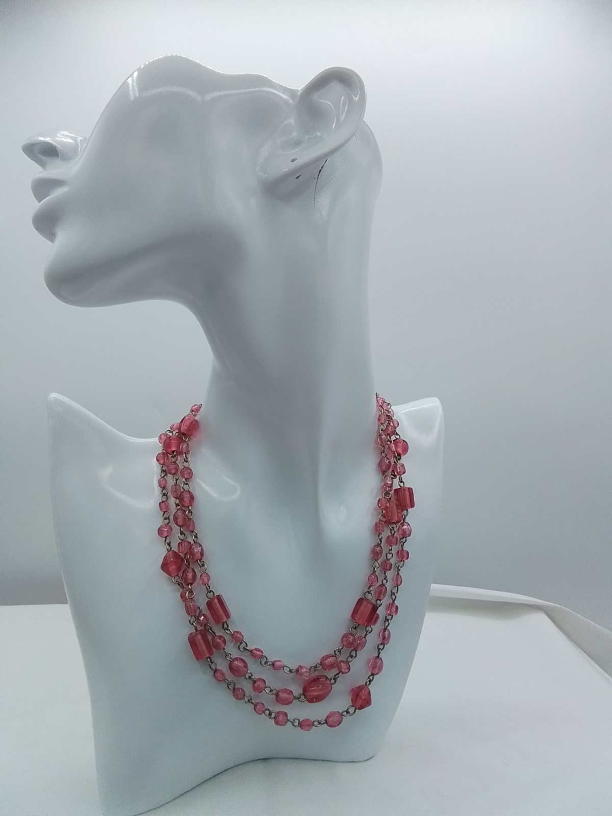 46″ PINK ART GLASS VINTAGE ESTATE NECKLACE CUBE & ROUND SHAPE BEADS CHAIN LINKED