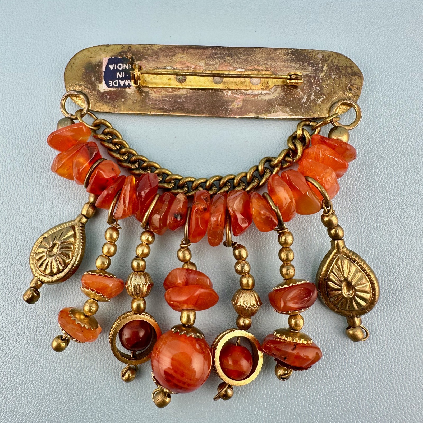 Vintage Bar Brooch Gold Tone Dangle Chains Carnelian Stone Beads Boho India