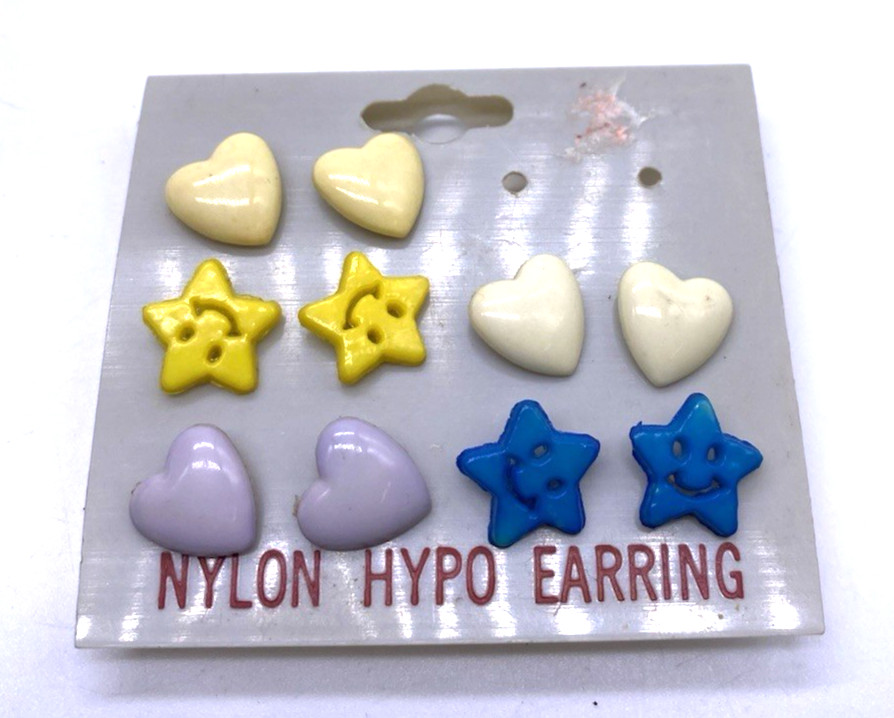 Vintage Earrings 90s Nylon Hypo Earring Studs Hearts Stars Girls New Unused Prop