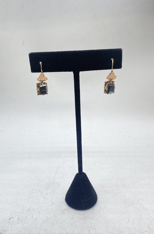 10K Yellow Gold Faceted Hematite Drop Earrings Vintage Style 1″ 3.4g