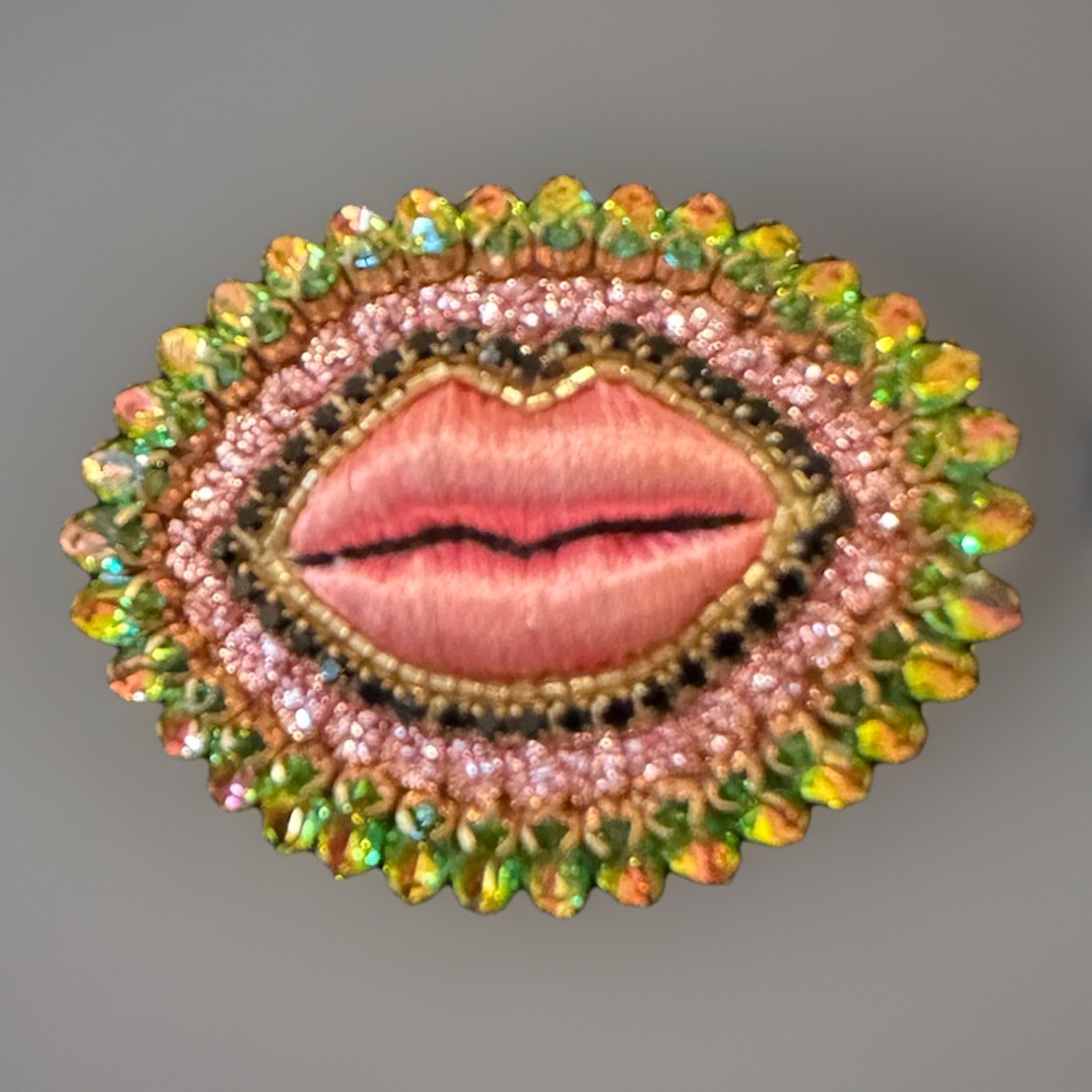 Celeste Mogador/ Bisou Vole/Stolen kiss brooch/French pin/Silk hand embroidered