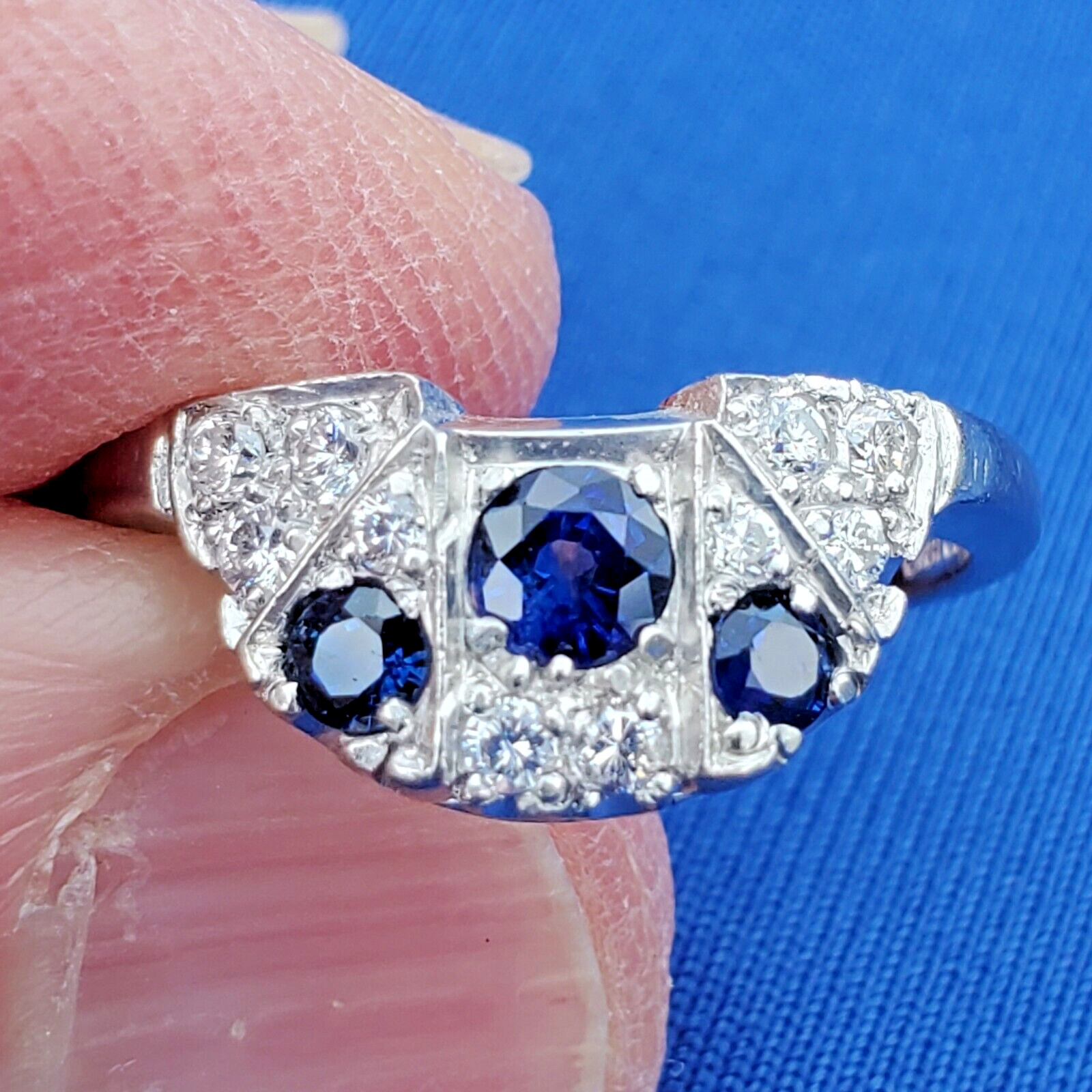EARTH MINED SAPPHIRE DIAMON Deco Wedding Band Unique Vintage SOLID PLATINUM Ring