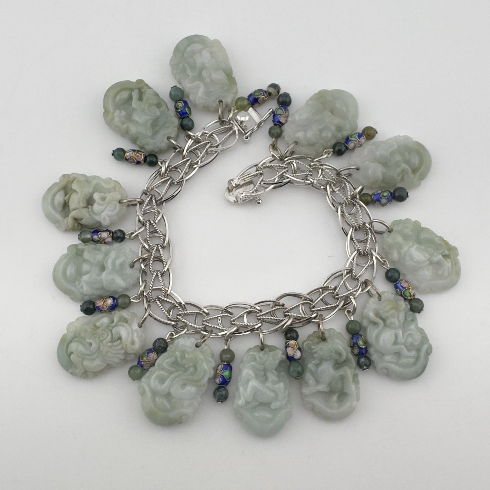 Vintage Chinese Carved Jade Bracelet Sterling Silver 12 Zodiac Animals RARE