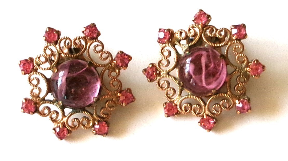 Vintage Weiss Signed Earrings Cip On Pink Rhinestone Filigree