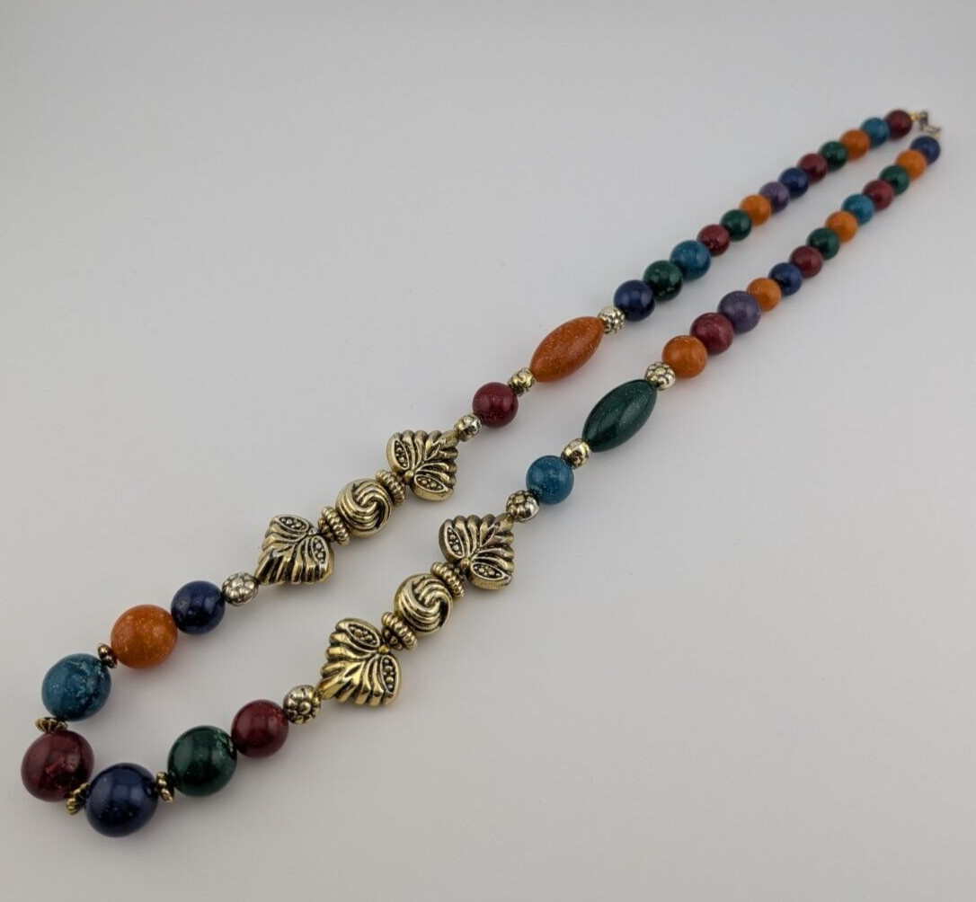 Vintage Light Gold Tone Colorful Speckled Resin Plastic Beaded Necklace 25 in