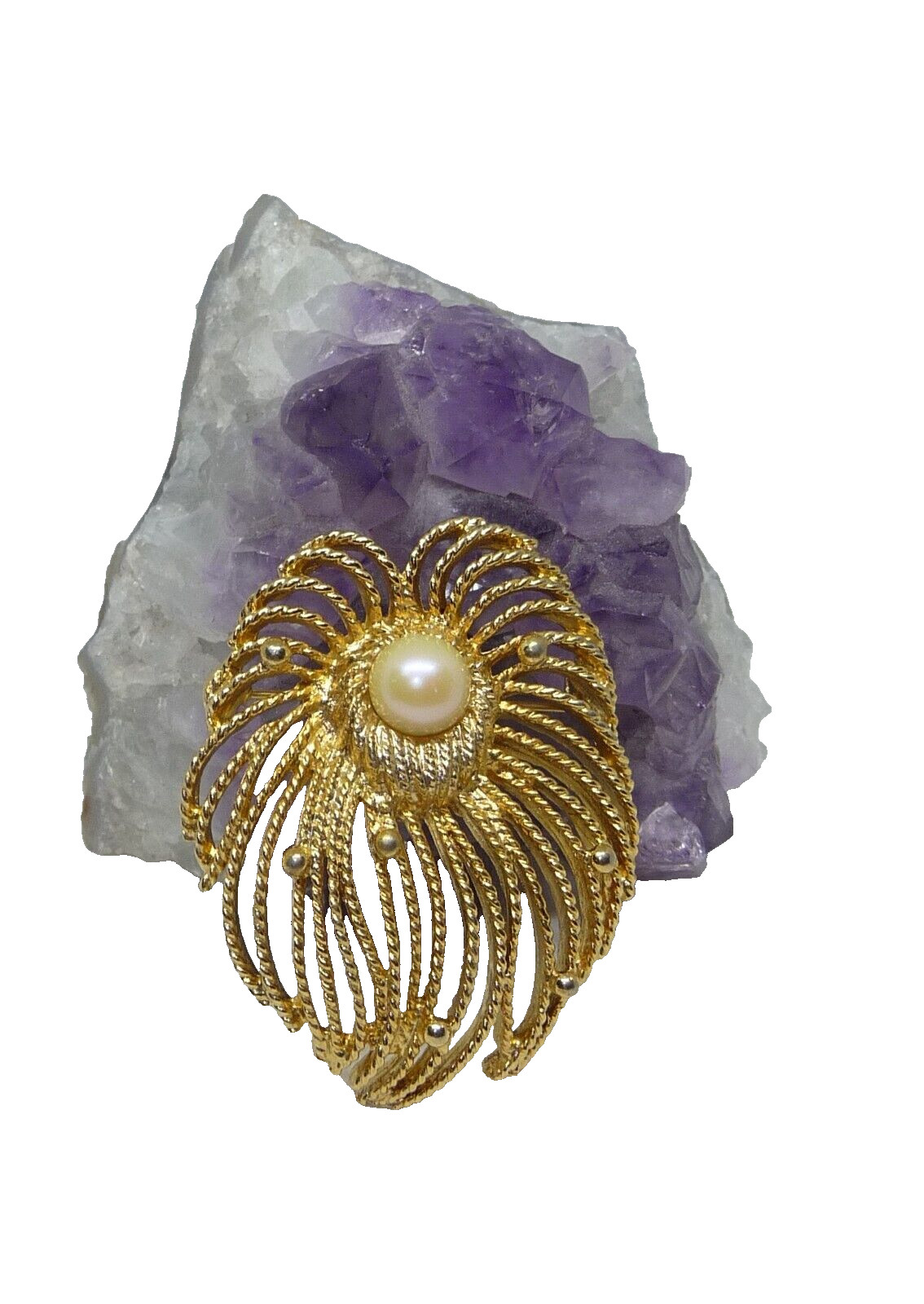 CAROLINE Emmons Waterfall Floral Brooch Pin Gold Tone Faux Pearl USA Seller