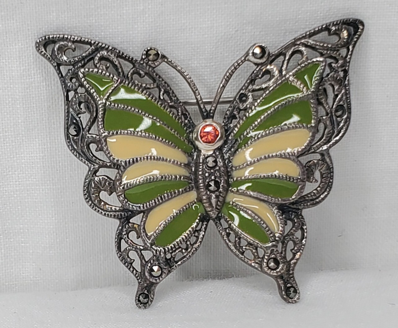 Vintage Sterling Silver Butterfly Brooch Green Yellow Enamel Wings Figural Pin
