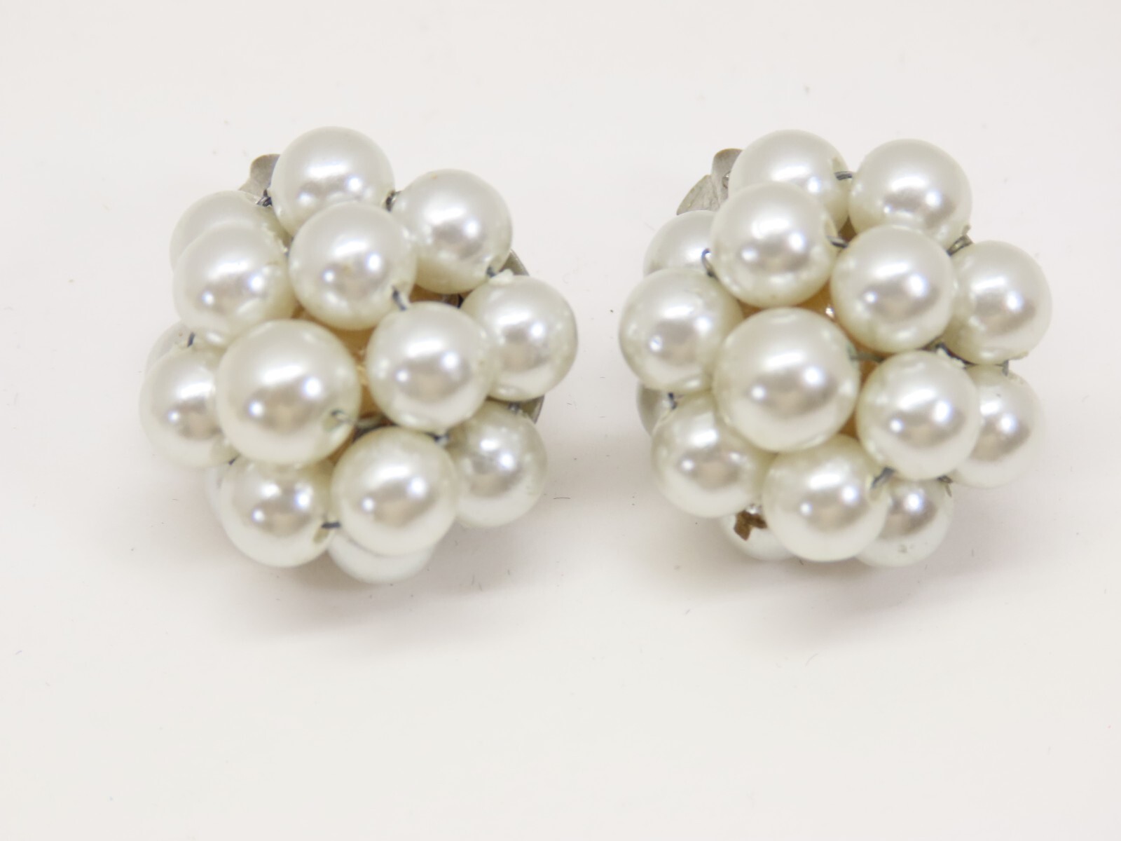 VTG Earrings Cluster Bead Clip On Some Japan Faux Pearl Lucite Plastic + D2542