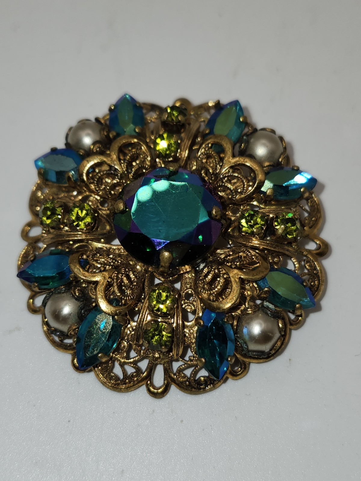 Vintage 1.75 Brooch/Pin Made In Germany With Blue Green Stones And Faux Pearls